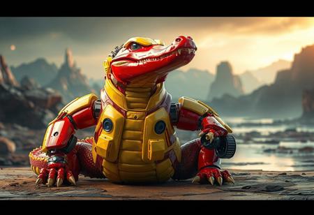 Create a high-resolution, 4K matte painting of a Cyber-Tech Alligator at rest, with a dynamic action pose, against a backdrop of a cybernetic hidden technology landscape. The alligator, predominantly red and yellow, has a red head with a yellow visor, and a body adorned with yellow accents. Its arms, also red, end in yellow hands equipped with black wheels. Despite the complexity of its components, the alligator appears to be in a state of rest, awaiting its next adventure. Utilize vivid colors, sharp lines, and brush strokes, intricate details, and cinematic lighting to emphasize the alligator's lifelike details, detailed face, eyes, and clothes. Handcraft with precision, aiming for exceptional quality, harmonious colors, and a captivating focus. Intend for this artwork to be trending on ArtStationHQ, and optimize for CGSociety and a golden ratio composition. Use Octane Render and Unreal Engine 5 for realistic textures, and Raphael and Houdini styles for aesthetics. The final piece should convey a powerful message with joyful impact.