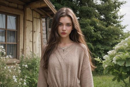 35mm film, one pretty european girl, solo, supermodel, brown hair, long wavy hair, pale skin, perfect face, small nose, blue eyes, symmetric lips, big tits, nice breasts, cleavage, necklace, jewelry, blue lace dress, looking at viewer, looking at viewer, a breath taking flower garden view, offering panoramic views of majestic and sweeping flower blooming fields, cottage, sommer garden, summer house, nature light, full body, epiCPhoto, <lora:pytorch_lora_weights:0.5>, <lora:picxer_real:0.7>, <lora:FilmVelvia3:0.3>, <lora:more_details:0.6>