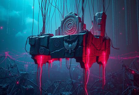 A surreal altar-like structure composed of shattered cybernetic material and fractured stone monoliths, floating in midair over a flickering data abyss. The structure is suspended by broken wires and bleeding fiber-optic veins, glowing with red and violet pulses. Ancient symbols burned into the surfaces shimmer faintly. Surrounding the scene is a storm of fragmented code, twisted rebar, and echoes of machinery caught in an infinite glitch loop. Dramatic ambient lighting. Techno-occult cathedral aesthetic. High-resolution cinematic frame