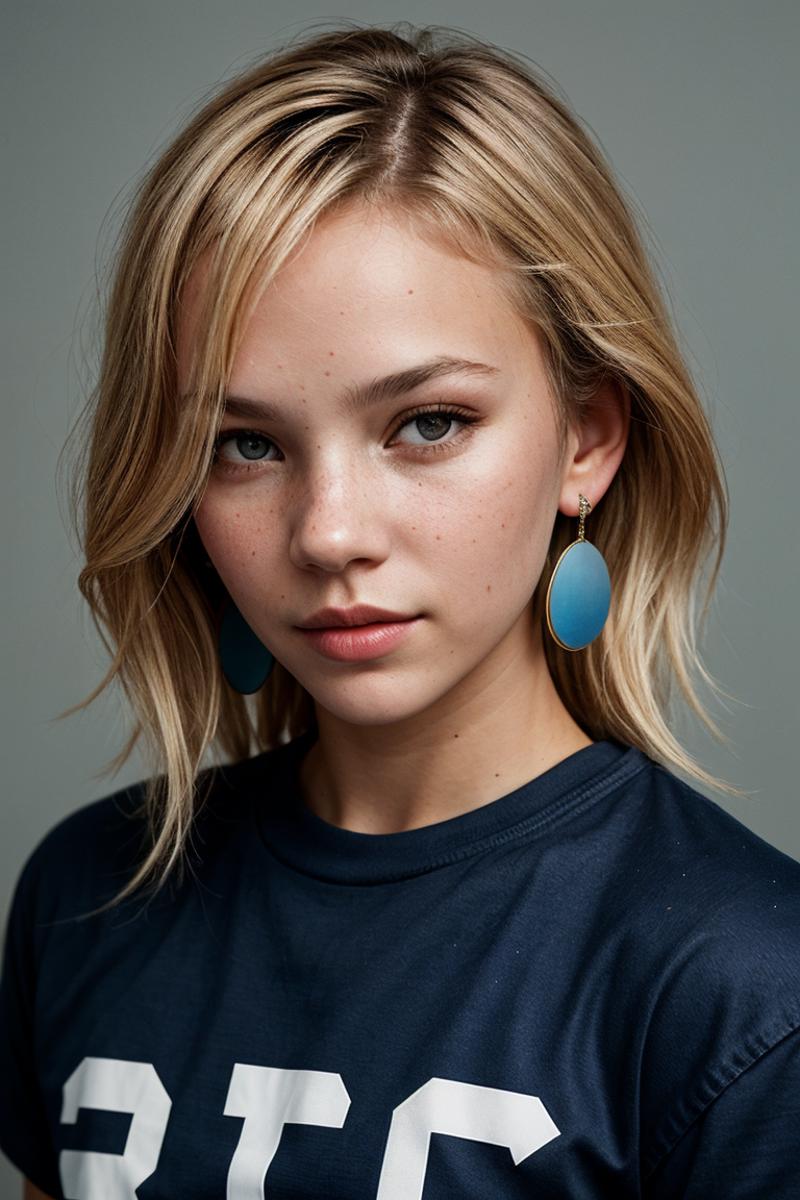 A close-up of a woman wearing a blue shirt and blue earrings.