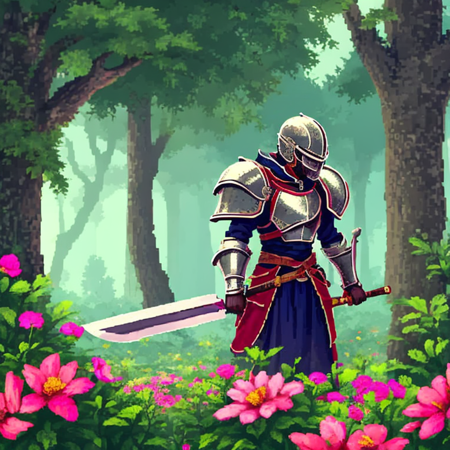 <lora:pixelart-08:0.9>pixelart  solo, 1boy, weapon, flower, male focus, outdoors, sword, armor, tree, glowing, helmet, planted