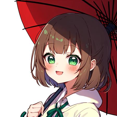 (masterpiece:1,2), best quality,none,
1girl, solo, brown hair, umbrella, oil-paper umbrella, green eyes, ribbon, smile, hair ribbon, background, upper body
 <lora:Chibi_kawai:0.8>