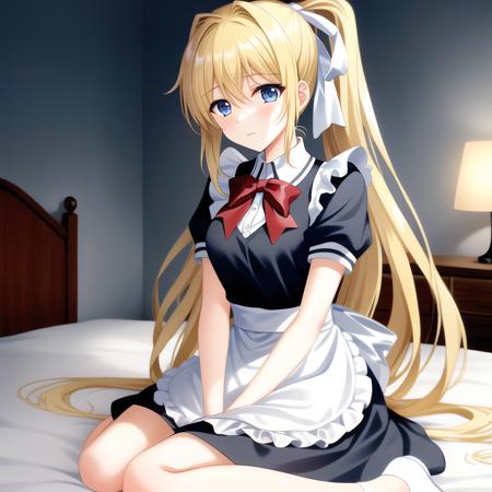 (misuzu-21500-33000:1.0), 1 (maid:1.3) (wariza on bed inside bedroom) with blue eyes and (absurdly long blonde ponytail and white hair ribbon:1.3) and hair intake and wearing (maid apron:1.2), (gigantic breasts:1), bare legs, sunflowers
{{masterpiece}}}, {{best quality, super fine illustration}}, ((dense hair)),  ((beautiful eyes)),{very delicate light, perfect and delicate limbs}, {{ fine luminescence ,very fine 8K CG wallpaper}}, (an extremely delicate and beautiful girl), dynamic angle, l (staring blankly, lovely big eyes), beautiful detailed eyes, (absurdres, incredibly absurdres, illustration, ultra-detailed), 
solo, high quality, CG, wallpaper, anime girl, long hair, (hair between eyes), (very long bangs between eyes), dense hair, cute face, two legs, detailed hair, (very detailed hair), (beautiful eyes), 
(misuzu-21500-33000:1.0), 1 (maid:1.2) (wariza on bed inside bedroom:1) with blue eyes and (absurdly long blonde ponytail:1.5) and (white hair ribbon:1.1) and hair intake and wearing (maid apron:1.2), (gigantic breasts:1), (wariza:1.3)