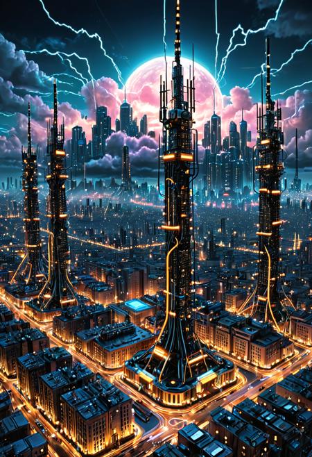 (masterpiece), (best quality), ultra-detailed, futuristic cityscape, Transistors, neon circuitry, glowing cables, electric arcs in the sky, cyberpunk skyline, overcharged energy grid, reflective metal surfaces, night time, digital clouds, pulsating electric lights, sci-fi environment, energy towers