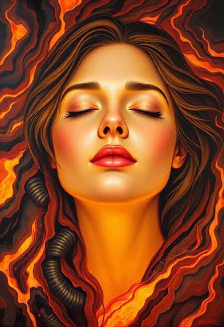 An oil painting inspired by the styles of William-Adolphe Bouguereau, J.M.W. Turner, and Carne Griffiths. The central focus is the face of a stunningly beautiful woman, her features delicately rendered with soft, painterly brushstrokes, emerging from a glowing sea of molten lava. Her face exudes a serene expression of bliss, with closed eyes and slightly parted lips, with an expression of pleasura, of intense delight, almost orgasmic. The warm glow of the surrounding lava softly illuminates her skin, blending seamlessly into the rich textures of the painting, mimicking the flowing brushstrokes of classical oil portraits.
The molten lava is depicted with a vibrant palette of deep oranges, fiery reds, and glowing yellows, creating a dynamic and intense contrast with the softness of her features. Her hair, painted with a fluid, organic style reminiscent of Carne Griffiths, transitions into the swirling, fiery tendrils of the molten lava. The edges of her face and hair dissolve into the glowing, vibrant sea of fire, creating a harmonious fusion between her form and the natural elements.
The entire painting is thick with the texture of oil on canvas, featuring expressive brushstrokes that give the scene a tactile, timeless quality. The sensuality and softness of the human form are rendered in Bouguereau’s graceful, classical style, while the glowing lava wraps around her in a swirling, fiery embrace.
