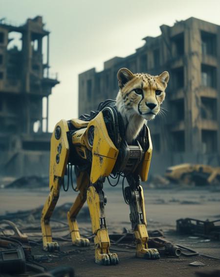 A cybernetic Cheetah stands amidst ruins, with one side resembling a mechanical robot and the other side retaining its natural fur. The background is a desolate wasteland with crumbling buildings, rusted machinery, and a toxic yellow sky. Incorporate subtle details like glowing blue circuits, exposed wires, and worn leather straps to convey a sense of decay and technological overreach