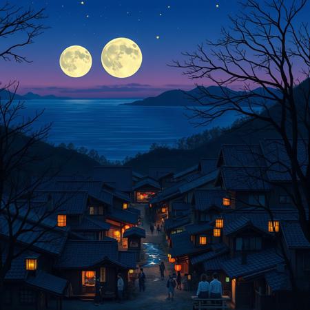 In the distance two moons are rising over a tranquil ocean at twilight. The twilight sky is filled with stars. In the foreground is a tranquil pre-industrial town nescilled in a valley. Small hills rise on either side of the town with a small stream winding through the center of town. The houses and shops in the town are reminiscent of feudal Japan, constructed of wood with dark terracotta tiles. The small streets are lite by hanging paper lanterns of red, yellow, and orange. The streets are alive with people out strolling in the narrow streets on an Autumn evening. The image is framed by the dark silhouettes trees on either side and a couple sitting on a bench watching the scene