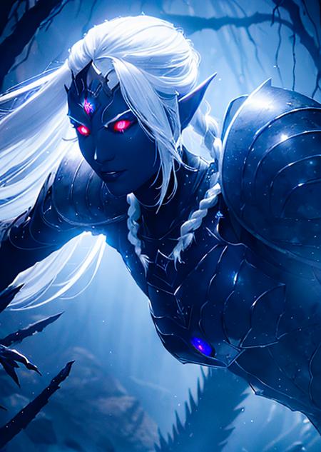 `(1 female, adult, dark elf), white, braided hair, sapphire eyes, armored in darkened steel, commanding a drider in an epic battle against an underground behemoth, glowing crystals illuminating the scene, realistic, fantasy setting, high resolution, detailed, color <lora:DarkElf_V3:1>`