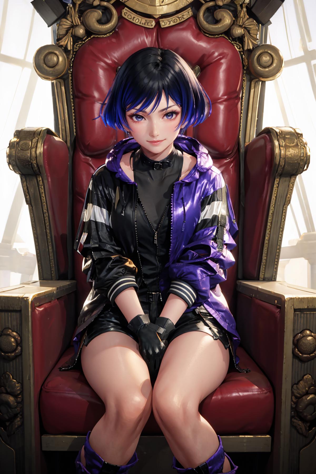 Anime character wearing a purple jacket and black leather shorts sitting in a red chair.