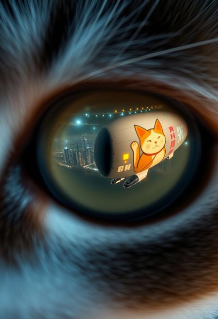 extreme close up portrait of a cat's eye reflecting the a futuristic Tokyo skyline at night from a very high level, the skyline is with futuristic skyscrapers and futuristic transports and futuristic aircraft and spaceships in a variety shapes and sizes, the airships covered with lights and advertisements in Japanese,  reflecting in the cat's eye is a huge airship that has an advertisement with a Japanese cat on the side, the cat's eye has takes up 85% of the image