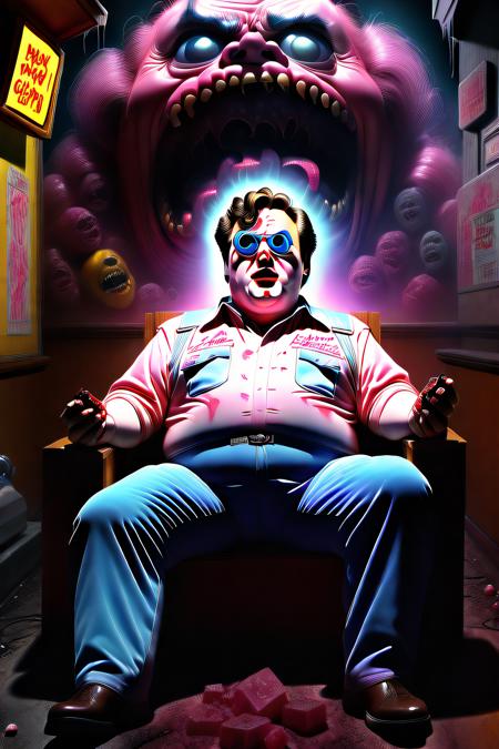 box_art_frenzy portrait of 80s john candy being by artist shawnmalloyrocks, unsettling eyes, UHD, 16K, photo realistic masterpiece, scene from a drama movie, hyper realistic, grim, dim lighting, ambient occlusion, cyberpunk, midnight city, neon lit signs, back alley ways, sharp focus, uncanny valley, Zack Snyder, Jay Anacleto, Tim Burton, claymation