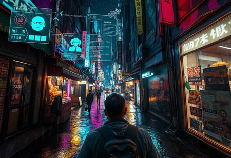 POV view of a person walking through a neon-lit alley in a dense cyberpunk city at night.
Augmented reality interface overlays the entire scene, projected from smart glasses:
– Holographic UI panels floating mid-air (navigation arrows, encrypted messages, facial ID scans).
– Street vendor marked with live crypto prices and toxicity level of food.
– NPCs auto-tagged with names, threat level, faction tags.
– Flickering ads being blocked by real-time ad-shield.
– Environmental data like air quality, humidity, and biofeedback vitals displayed on side HUD.
The alley is dripping with rain, neon reflections pulse in puddles, and distant gunfire echoes.
Highly detailed, cinematic cyberpunk AR vision, deep depth of field, futuristic interface, gritty urban realism, 8K, immersive atmosphere.