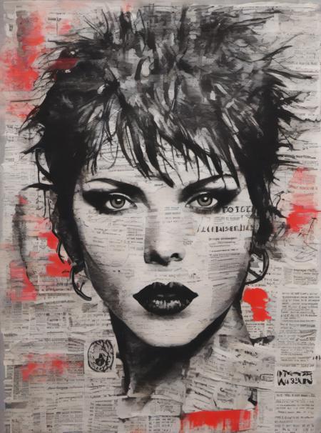 (large peace symbol), icon, marker pen sketch of a  punk woman's face, red lipstick, red, black,  eye makeup, inspired by jamie reid, xerox, ripped, torn edges, iconic, anarchic, newspaper background <lora:so77-XL-000008:0.5>