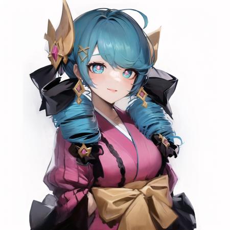 (alternate custome:1.5), (pink kimono), 1girl, absurdres, blue eyes, blue hair, drill hair, gwen \(league of legends\), hair ornament, highres, league of legends, long hair, parted lips, pink pupils, smile, solo, x, x hair ornament  <lora:gwenv2-000006:1>