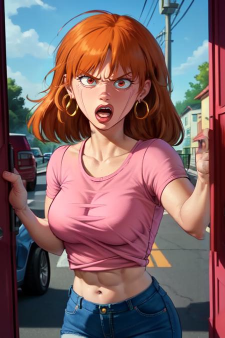 Sarah, orange hair, big lips,   solo , upper body,    red in the face,  open mouth,  angry,  clenched hand, 
SarAtt, hoop earrings,midriff , pink shirt, denim jeans, shoes, 
outside, neighborhood,  cartoon, morning,  fury, 
(insanely detailed, beautiful detailed face, masterpiece, best quality) <lora:Sarah-ED-10:0.7> <lora:Crazy_ExpressionsV2:0.7>