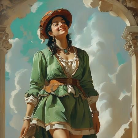 score_9, score_8_up, score_7_up, style of Giovanni Battista Tiepolo, painting, solo, 1girl, smiling, mouth closed, black hair, hour glass figure, makeup, wearing a layered green blouse, dress, jacket, hat, elegant, fantasy, vibrant colors, intricate details, fantasy, masterpiece, detailed