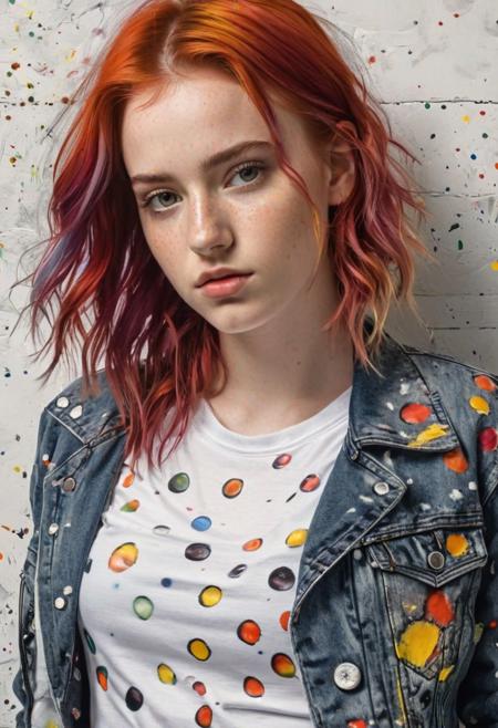 8k, masterpiece, ((hyper-realistic full-length portrait of a young girl)), 18 years old, with red hair, dyed multicolored hair, a beautiful figure, in tight black leggings with multicolored spots and holes, in a white loose T-shirt and denim jacket, fashionable white sneakers on her feet, stands in a closed position, head down, eyes downcast, hyperdetalization, very detailed (eyes, hair, skin), digital art, detailed fingers, detailed perfect body, detailed female pubis, masterpiece, photorealism, digital art, comic book style, sharp black contours, ((multicolored grunge background)), paint spots on the wall, atmospheric, epic,
