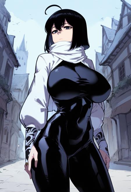 ahoge, black hair, short hair, black eyes, grey eyes, blue eyes white scarf, white jakcet, black bodysuit, skin tight, covered navel, bridal gauntlets, tattoo  gauntlets