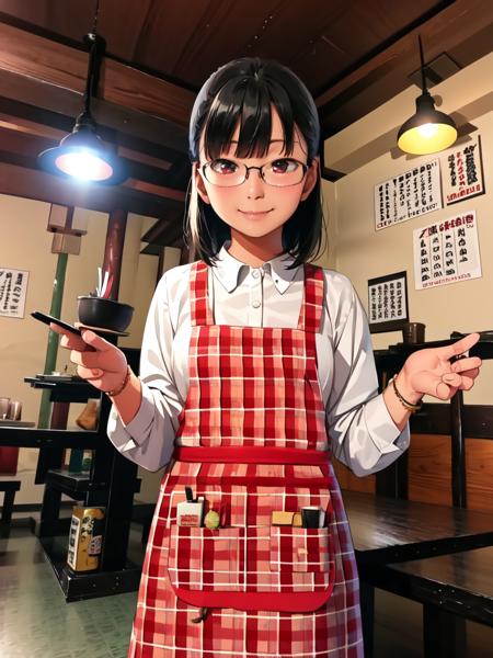 masterpiece, best quality, ultra-detailed, illustration,
murayakuba, izakaya, indoors, 1girl, apron, black hair,  glasses, plaid, pants, long sleeves, smile, holding, menu,
lamp, ceiling light, wooden floor, poster (object), realistic,
<lora:Murayakuba:1>