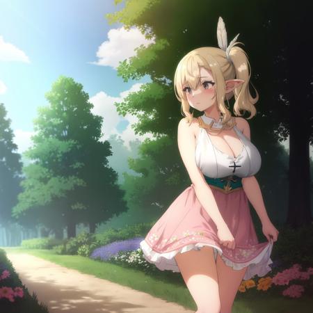 SukebeElf1, <lora:SukebeElf1_v2:0.8>, large_breasts, side ponytail, pink floral dress, nature, park, flowers, masterpiece, best quality