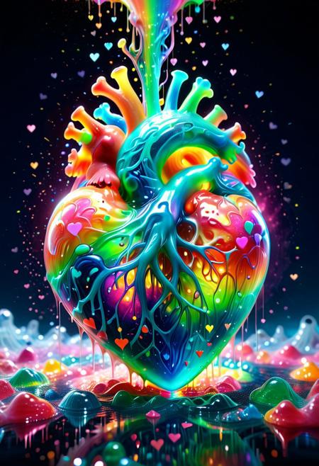 Sl1m3d, slime-morph,
massive gelatinous heart-shaped blob, splitting apart mid-air, smaller hearts emerging from within, each glowing in neon colors, translucent slime surface, glossy, ultra-shiny textures, bioluminescent glow, rainbow reflections, soft glowing particles floating around, magical aura, colorful cosmic mist in the background, surreal and enchanting, vibrant lighting, high contrast, hyperrealistic, joyful fantasy energy