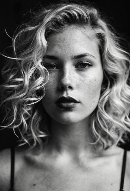 b&w (Anton Corbin photography style), (gritty, high contrast, slow shutter speed, grainy), (BW photo:1.5), (film grain:1.5), (grayscale:1.5), portrait photo of 26 y.o blonde woman, chin length wavy hair, perfect detailed light eyes, full pouty lips, lips parted, dark lips, natural skin, freckles,  hard shadows, chest up, film grain