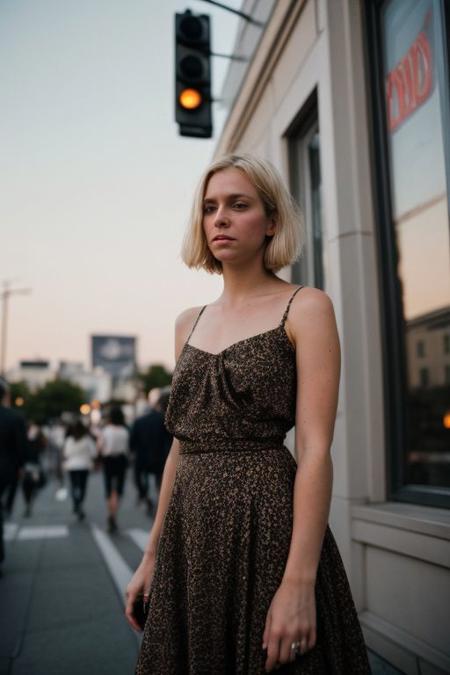 street photography of 1 girl, (30 years old slim girl with very short blonde hair),(beautiful face,exquisite face,skin texture:1.2), street style dress, upper body portrait from below , (ultra-wide angle:1.3), from front, watching away, pale skin, (masterpiece,best quality,ultra high res:1.2),(photo-realistic:1.3),tokyo street at night, rim lightinig, dimly lit, low key,  kodak portra 160, faded, grainy