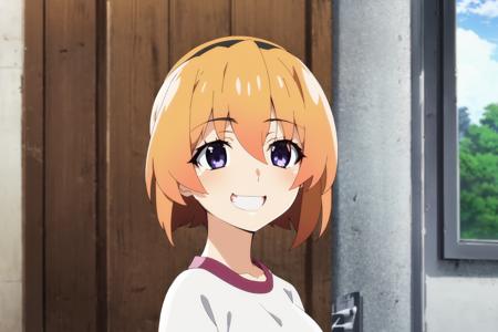 (masterpiece, best quality:1.3), sky, scenery, day, [HDR, blue sky, tree, building, village, road, outdoors], <lora:higurashi:1>, higurashi, long_hair, looking_at_viewer, smile, short_hair, open_mouth, bangs, multiple_girls, blonde_hair, shirt, 2girls, blue_hair, purple_eyes, white_shirt, hairband, fang, indoors, blunt_bangs, grin, gym_uniform, hime_cut, door, anime_coloring, higurashi