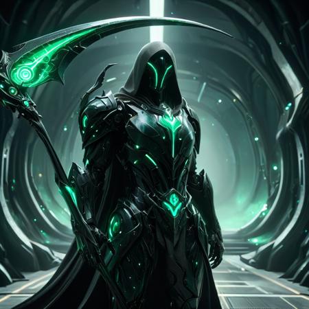 action shot of an ObsidianEmerald Faceless Cyborg, glowing eyes, reflectiv light, weilding an ObsidianEmerald Scythe, standing inside a spaceship, HD, masterpiece, best quality, hyper detailed, ultra detailed,