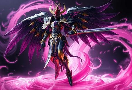 "This artwork showcases a dynamic and powerful Gearfried the Swordmaster, adorned in intricate black, purple, and gold armor with striking wings. They stand in a ready stance on a pink swirl, with a Clockwork Night background emphasizing the Gearfried the Swordmaster's central role. The artwork is expertly composed with vivid colors, sharp details, and a 8k resolution, evoking a sense of epic grandeur with its lifelike details, creative angle, and captivating lighting."