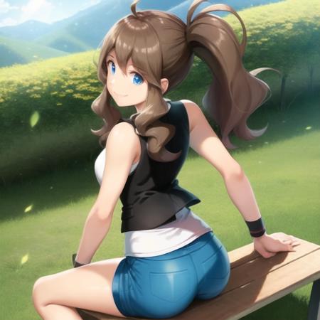 <lora:character_pokemon_hilda_v2:0.7> mountain, sunny, 1girl, character_pokemon_hilda, solo, sitting, on bench, hands on own thighs, from behind, from above, looking back, looking at viewer, smile, closed mouth, sleeveless shirt, vest, shorts