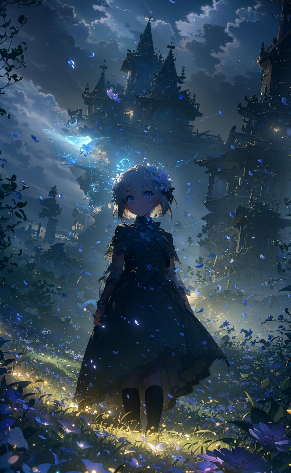 Anime girl in a blue dress standing in front of a castle in the night sky.