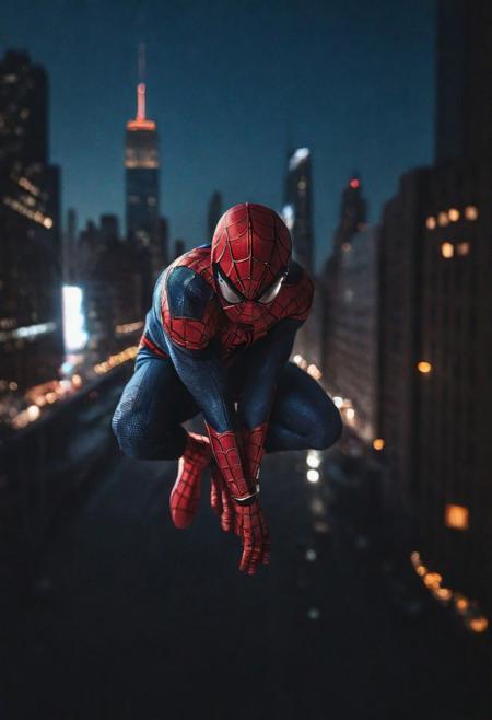 Portrait face Solo spiderman flying in new york , photograph ,pale beautiful photo, ultra detailedspiderman suit , night time, cinematic composition,  cinematic filtering