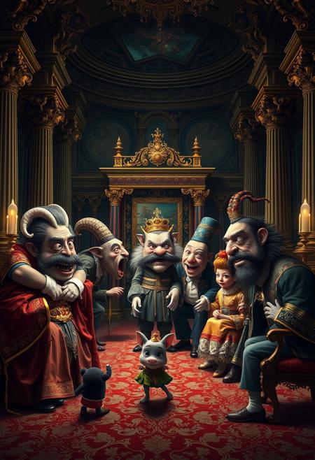 A surreal court scene where mischievous characters interact in an opulent, palace, their exaggerated expressions contrasting with the regal, historical setting. whimsical pop-surrealist figures infused with grand baroque compositions, dynamic theatrical movement with dramatic chiaroscuro lighting, intricate ukiyo-e inspired textures blending with ornate architectural elements, rich luxurious color palettes with glowing celestial highlights
