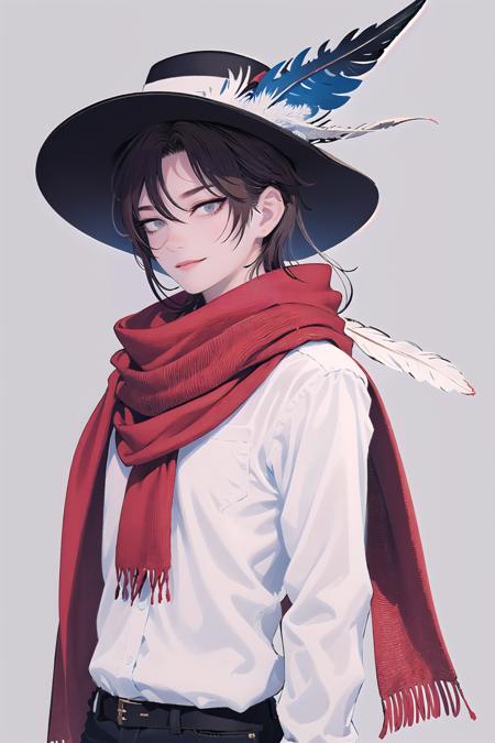 solo, long hair, hat, 1boy, male focus, looking at viewer, brown hair, red scarf, blue eyes, scarf, white shirt, shirt, upper body, hat feather, closed mouth, feathers, grey eyes, simple background, smile, portrait, lips, scar
// <lora:smirkingeye_v100:1> <lora:noline:1>