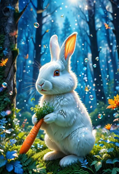 In this captivating and vibrant illustration, a charming, fluffy white bunny is depicted holding a carrot, surrounded by a magnificent, fabulous forest. The forest is bathed in shades of blue, with ethereal stars flying around and sparkling bubbles floating through the air. The use of a wide-angle 18mm lens, combined with the 8K photorealism mode, results in an image of extraordinary detail that elicits feelings of wonder and admiration. The enchanting and mesmerizing atmosphere of the scene is further enhanced by the vivid colors and intricate details, creating a truly stunning artwork.
