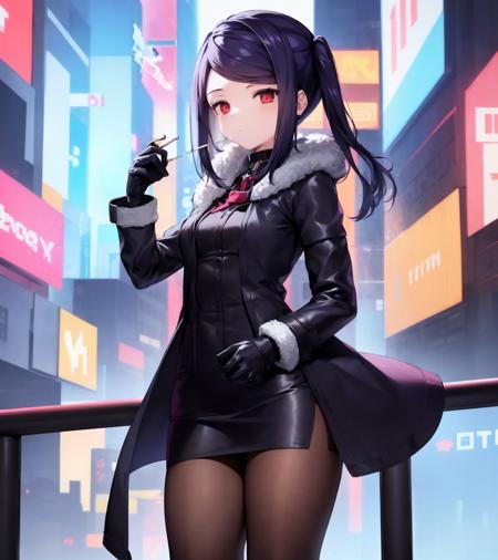 1girl, standing in alley, leaning on rail, dark sky, cyberpunk city, (cowboy shot:1.2), jill, pantyhose, (black trench coat, open jacket:1.2), fur trim, (smoke, smoking, holding cigarette,:1.2), up close, (jillbartender:1.1)
<lora:Jill:1> <lora:JillBartender_Costume:1>