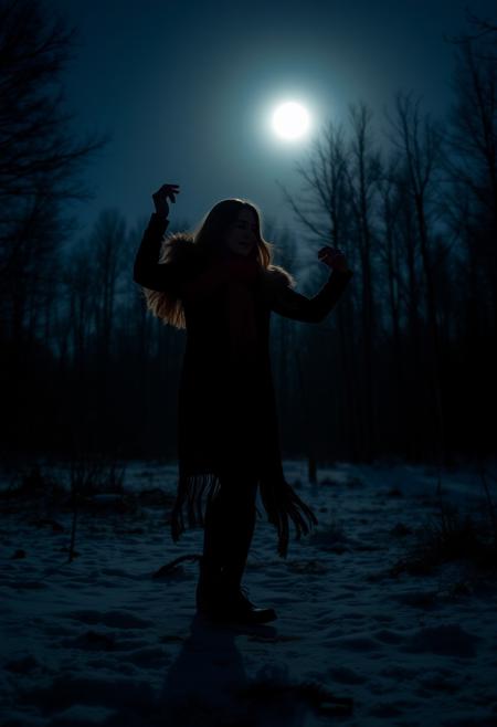 a woman dancing in a cold winter night  on a clearing in the woods under a full moon