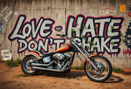 Visualize a gritty, urban graffiti artwork on a cracked and worn concrete wall. In the foreground, a highly detailed American chopper motorcycle sits prominently, with chrome finishes reflecting the rough environment. The graffiti features the words ‘LOVE HATE DON’T SHAKE,’ each word styled distinctly: ‘LOVE’ in fluid, slightly faded script with soft curves, ‘HATE’ in jagged, chaotic block letters with sharp edges, and ‘DON’T SHAKE’ in bold, heavy strokes, dripping with paint. The wall is overgrown with patches of wild grass sprouting from cracks, and marijuana flowers artistically intertwined with the graffiti, growing along the edges of the letters and adding to the rebellious feel. The background is filled with worn, peeling posters, smudged colors, and dirty textures, evoking a raw, grunge, street vibe. The motorcycle’s tires leave marks in the dirt below, completing the gritty urban scene