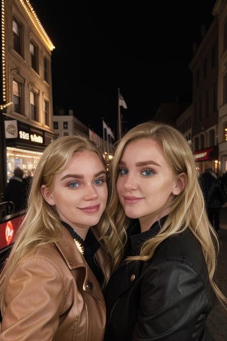 3v4vl44r, portrait, upper body, closeup, blonde girl, perfect face, stunning eyes, looking at viewer, in a stunning red leather jacket, downtown in the city at night, perfect date night