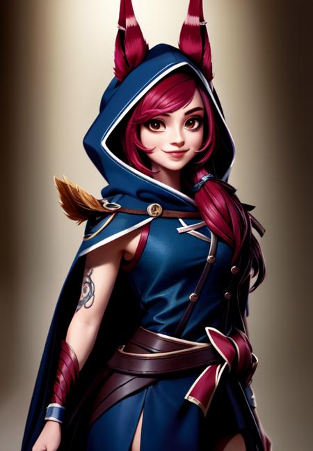 sfw, <lora:xayah:0.8>, xayah, hood, 1girl, solo, smile,, (masterpiece, best quality, absurdres, detailed, ultra-detailed:1.3), beautiful