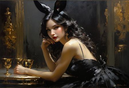 black rabbit, masterpiece, award wining, trending, , high quality, delicate, oil painting, by Jeremy Mann, Pino Daeni