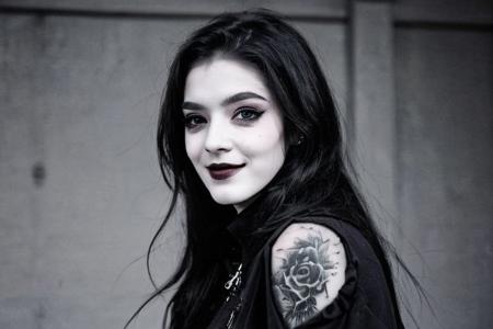 Teen brunnete nordic goth girl | tattoo | smile | dark | in dark room | Adult | Dark | High quality | gothic makeup | realistic