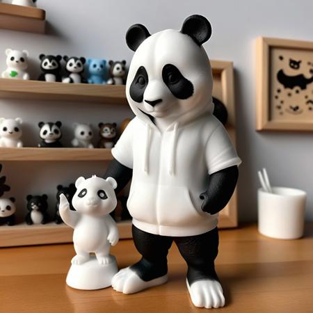 whitemold,3d printed mold,art style,greyscale,monochrome, masterpiece,(best quality), official art,extremely detailed cg 8k wallpaper, ((crystalstexture skin)),(extremely delicate and beautiful),highly detailed, WhiteMold, art style, 3d printed mold, A realistic panda wearing a hoodie made of 3d printed mold and converse made of 3d printed mold. The panda is holding a smartphone standing in front a pet shop