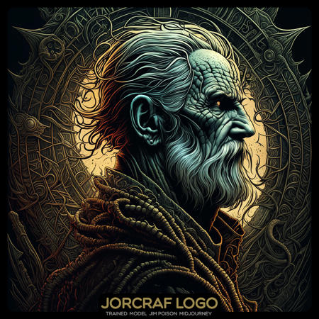 in profile the (the sad old man one head:1.1) portrait, symmetrical artistic sharp art, dan mumford style, hdr, realism, dark fantasy atmosphere, lovecraft style, (JimJorCrafLogo art style:1.3)