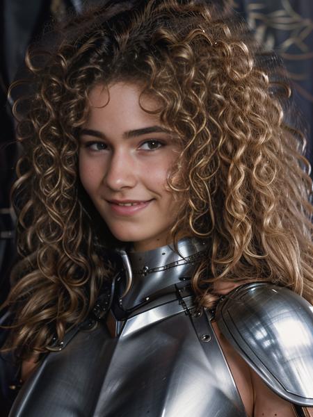 armor, DL, curly long hair, smiling, staring at the camera, photography, trending on artstation, sharp focus, studio photo, intricate details, highly detailed, front face, by greg rutkowski <lora:DL:0.9> <lora:add_detail:1>