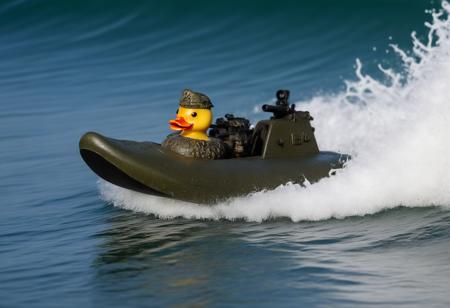 beautiful photo of a tiny, military rubber ducky in an action shot close-up, surfing the waves, intricate details, military guns, special forces duck. Navy Seals, Special Operator, combat duck