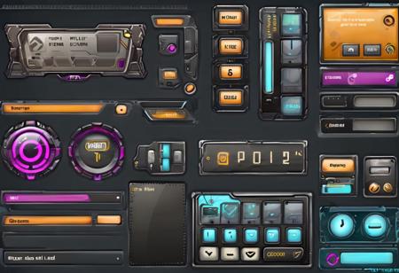 Game upgrade buy menu screen, GUI, buttons, text field, sci-fi setting, device control panel style, keypads, dials, LCD screen, 
nicely hand-draw detailed textures,