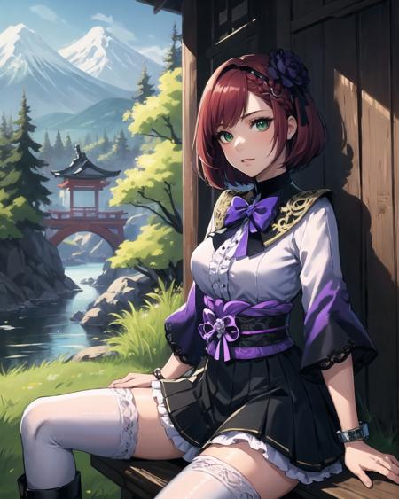 best quality, (masterpiece:1.2), illustration, absurdres, 
(1girl, solo), (beautiful detailed girl), cowboy shot,
<lora:GraciaSW3-08:0.8>, Gracia Hosokawa, red hair, short hair,  (large hair ornament), green eyes, small breasts,
purple and black shirt, ornate shirt, purple sleeves, black skirt, ornate skirt, bloomers, purple capelet, (white thighhighs:1.1), ornate black boots, purple bracelet,
grassy mountains, trees, japanese architecture, river, plants,
sitting, spread legs,, happy, looking at viewer,