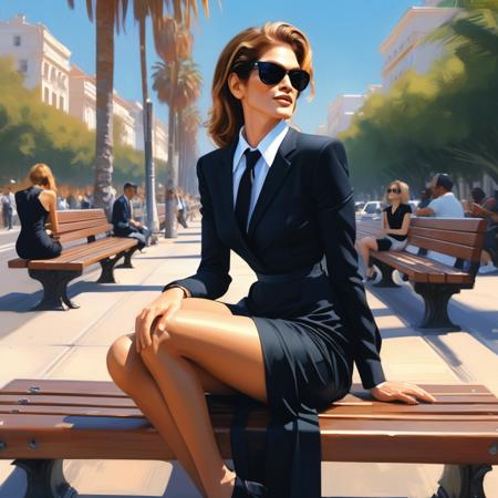 cindy crawford,a photo of a fashion model sitting on a bench stretched out in a black dress and necktie, sunglasses, ilya kuvshinov, greg rutkowski, guweiz, ross tran, loish, svetlana tigai, artgerm, artstation trending, concept art, digital painting